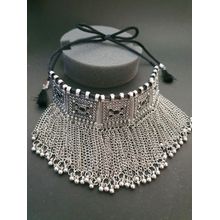 Infuzze Oxidised Silver-Toned & Black Textured Choker Necklace