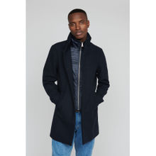 Matinique Men Navy Blue Solid High Stand Collar Long Sleeves Overcoat