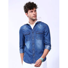 The Indian Garage Co Men Slim Fit Blue Printed Full Sleeves Cutaway Collar Double Denim Shirt