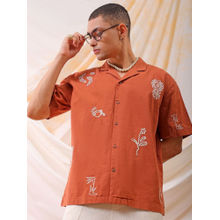 The Indian Garage Co Men Relaxed Fit Rust Embroidered Half Sleeves Cuban Collar Shirt