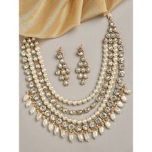OOMPH Gold Kundan & Pearls Necklace Set Multi Layer Ethnic Mala Long Necklace Set