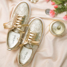 Coral Haze Ivory & Gold Lace Fabric Sneakers With Gold Laces And Gold Detailing