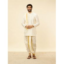 Manyavar Mens Cream Art Silk Solid Kurta Pancha (Set of 3)