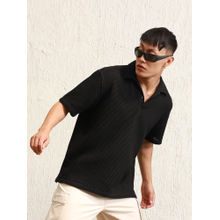 Hubberholme Men Black Summer Cotton Textured Polo Collar Oversized T-Shirt