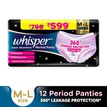 Whisper Super Absorbent Period Panty, 12 M-L Pants, 360 Degree Leakage Protection for Heavy Flow