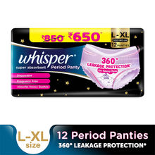 Whisper Super Absorbent Period Panty, 12 L-XL Pants, 360 Degree Leakage Protection for Heavy Flow