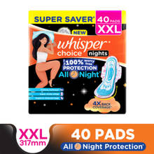 Whisper Choice Nights, 40 XXL Pads, Gives Up to 100% worry-free protection all night