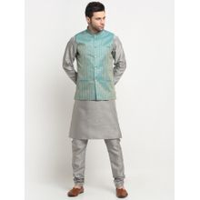 Kraft India Men Silk Silver Kurta Churidar with Blue Ethnic Motifs Nehru Jacket (Set of 3)