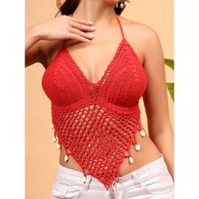 Velvery Shell Detailed Halterneck Crochet Bralette - Red