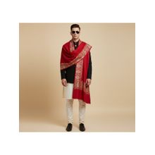 MUFFLY Women’S Premium Woolen Shawl With Woven Zari Border For Men - Elegant Red