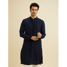 Manyavar Navy Blue Spandex Self Design Kurta for Men