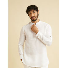 Manyavar White Linen Solid Short Kurta for Men