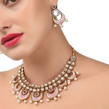 Zaveri Pearls Pink Floral Kundan & Pearls Choker Necklace & Earring Set - ZPFK7839