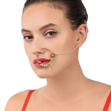 Zaveri Pearls Green & Red Stones & Pearl Chain Link Bridal Hoop Nose Ring - ZPFK8229
