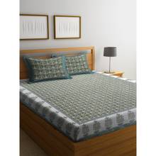 Rajasthan Decor Floral Print Green Color Cotton Double Bedsheet with 2 Pillow Covers