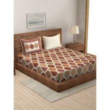 Rajasthan Decor Beige Geometric Print Cotton King Size Bed sheet with 2 Pillow Covers Multi Color