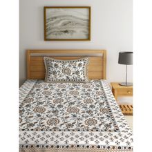 Rajasthan Decor Floral Print White Color Cotton Single Bedshet with 1 Pillow Cover