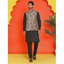 Jompers Sequins and Printed Black Kurta with Pyjama and Nehru Jacket