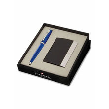 Sheaffer 100 Ballpoint Pen with Business Card Holder Glossy Blue with Chrome Trims Gift Set