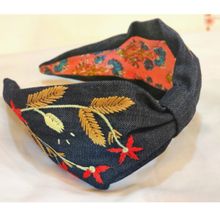 YoungWildFree Dark Blue Denim Embellished Hairband With Floral Print Hand Embroidery