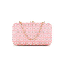 Anekaant Hue Pastel Pink, White & Gold Faux Silk Polka Dot Embroidered Clutch