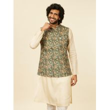 Manyavar Teal Green Art Silk Digital Printed Jackets for Men (Set of 3)