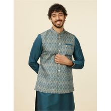Manyavar Teal Blue Art Silk Printed Jackets for Men (Set of 3)