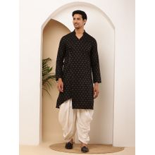 MULTI SHADES Men Weaving Design Straight Cotton Black Kurta with Dhoti Pant