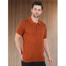 BOTABOCHI Rust Mens Crochet Polo T-Shirt with Half Sleeves and Diamond Pattern