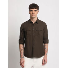 THE BEAR HOUSE Men Olive Solid Slim Fit Cotton Casual Shirt