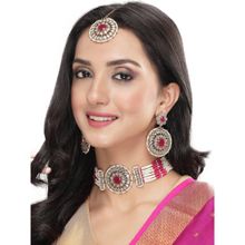 Sukkhi Rani Pink Kundan Beads Choker Necklace with Earring and Maangtika