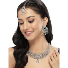 Sukkhi Rhodium Plated AD White Floral Silver Necklace Earring Maangtika