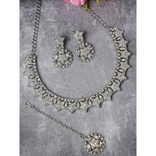 Sukkhi Rhodium Plated Silver AD White Stone Collar Bone Necklace & Earring Maangtika