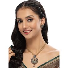 Sukkhi Eye-Catching Green Red Stone Multistring Long Necklace and Earring
