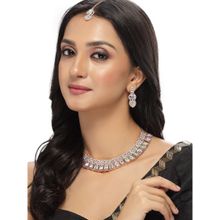 Sukkhi Striking Rose Gold Plated Rainbow Collar Bone Necklace with Earring & Maangtika