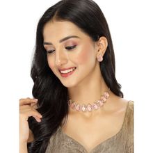 Sukkhi Elaborate Gold-Plated with AD Pink Collar Bone Necklace Drop Earrings