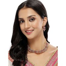 Sukkhi Splendid Gold Plated AD Rani Pink Stones Collar Bone Necklace and Earring
