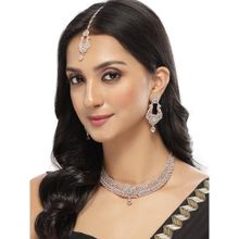 Sukkhi Rose Gold Plated AD White Stone Collar Bone Necklace Earring Maangtika