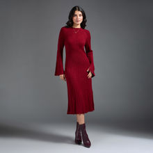 Twenty Dresses by Nykaa Fashion Maroon Textured Fit and Flare Midi Sweater Dress