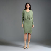 Twenty Dresses by Nykaa Fashion Olive Green V Neck Fitted Sweater Dress With Crop Cardigan Set (Set of 2)