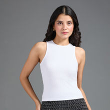 Twenty Dresses by Nykaa Fashion Basics White Solid Round Neck Sleeveless Ribbed Tank Top