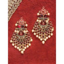 OOMPH Red Stone and Pearls Floral Large Chandbali Earrings