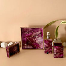 CasaGold Wooden Bathroom Pink Marble Luxury Bath Accessories (Set of 4)