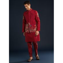 KALKI FASHION Men Red Silk Embroidered Mandarin Neck Jacket and Kurta with Pant