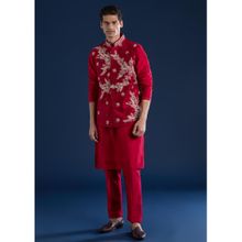 KALKI FASHION Men Red Silk Mirror Work Mandarin Neck Jacket and Kurta with Pant