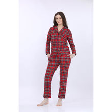 MAYSIXTY Women Cotton Spandex Red Checked Full Sleeve T-Shirt with Pyjama (Set of 2)