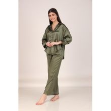 Masha Solid Olive Oversized Satin Nightsuit