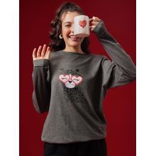 Clovia Graphic Print Sweatshirt In Dark Grey - Terry Cotton