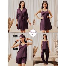 Clovia 7 Pcs Bridal Nightsuit Wine - Satin