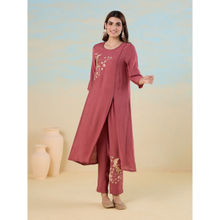 Likha Onion Pink Smooth Art Silk A line Front Slit Placement Embroidered Kurta with Pant LIKGGCS04